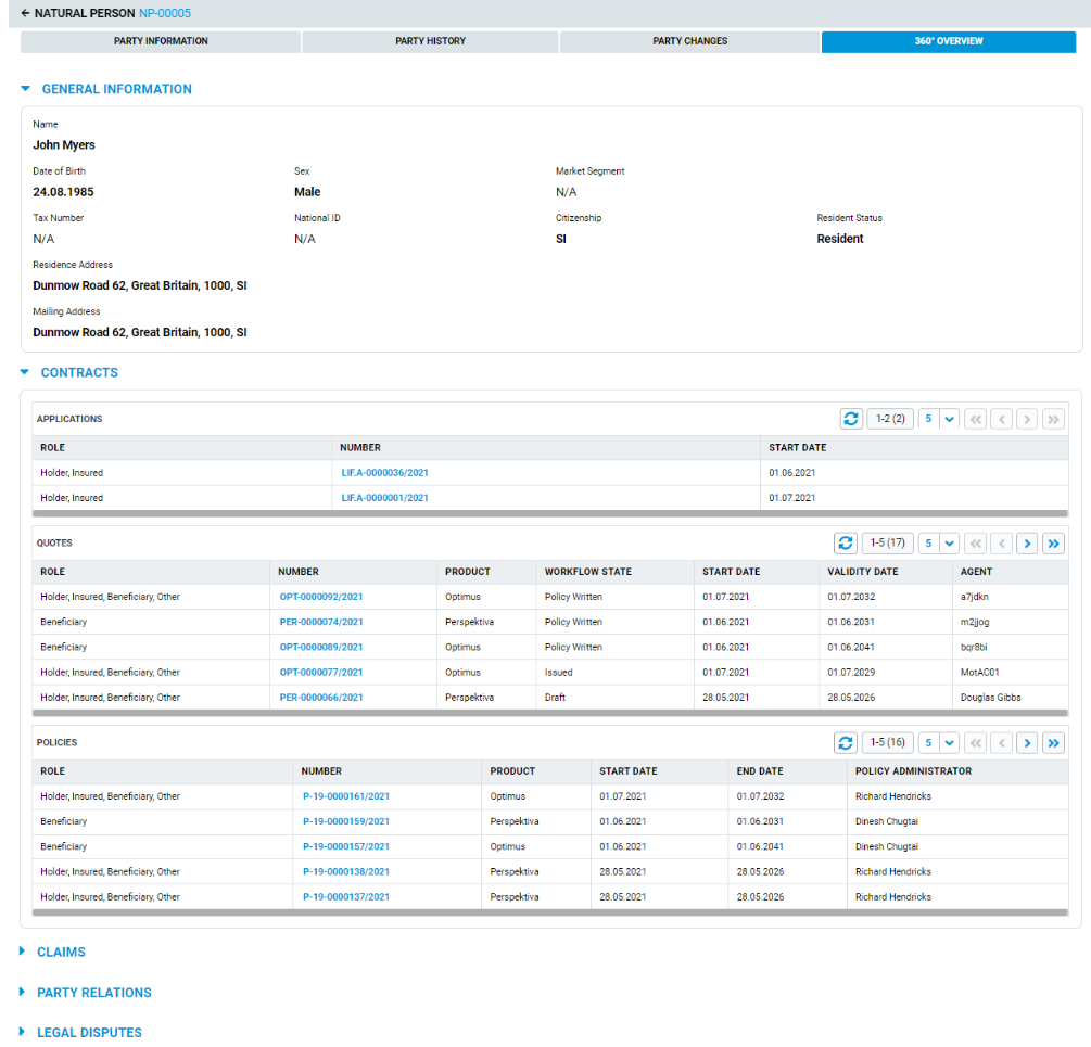 Screenshot of 360 view of party data in AdInsure