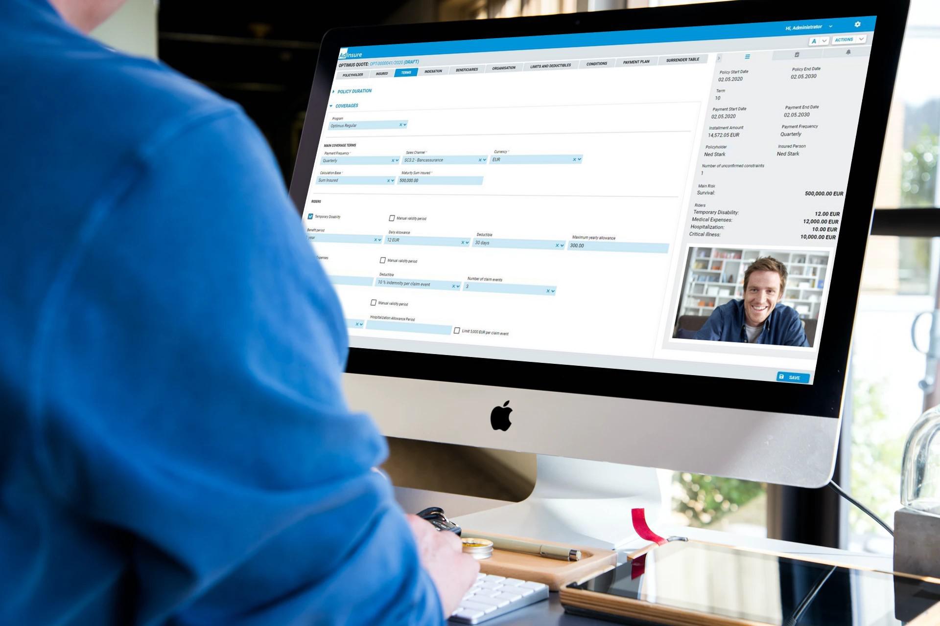 Person communication through video call on AdInsure Agent Portal